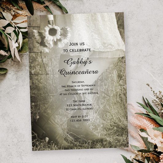 女性のカーボーイアンドサンフラワーズカントリーキンセニェラパーティー 招待状