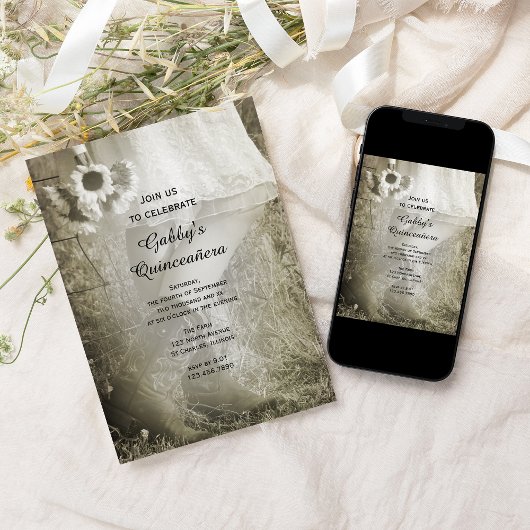 女性のカーボーイアンドサンフラワーズカントリーキンセニェラパーティー 招待状