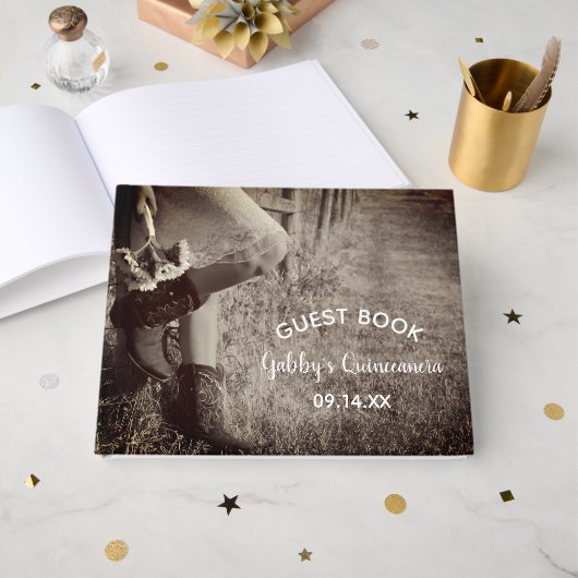 女性のカーボーイインブーツとヒマワリキンセアニェラ ゲストブック (正面見開き)