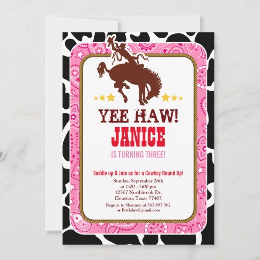 女性のカーボーイウェスタンオールドウエストバースデーパーティーの招待 招待状 (正面)