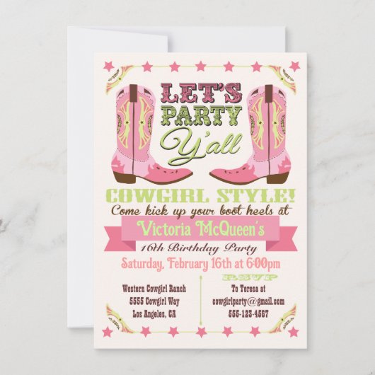 女性のカーボーイウェスタンバースデーパーティ招待状 招待状 (正面)