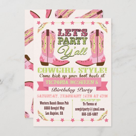 女性のカーボーイウェスタンバースデーパーティ招待状 招待状 (正面/裏面)