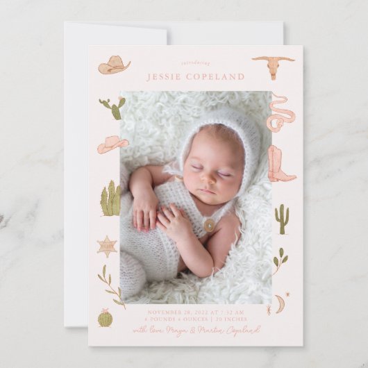 女性のカーボーイウェスタンベビー写真誕生のお知らせ 案内状 (正面)