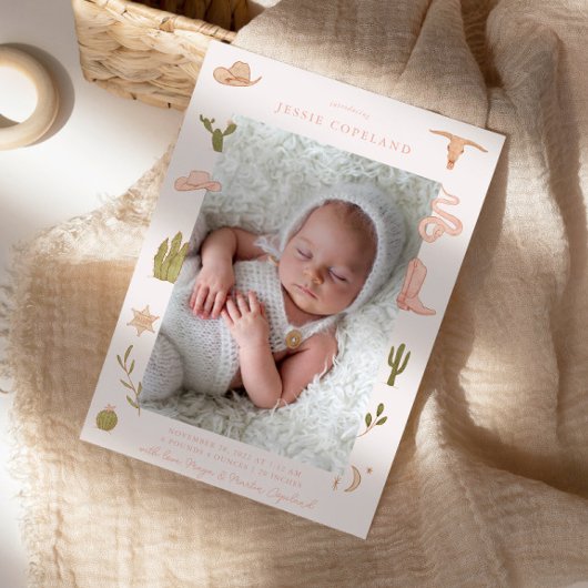 女性のカーボーイウェスタンベビー写真誕生のお知らせ 案内状