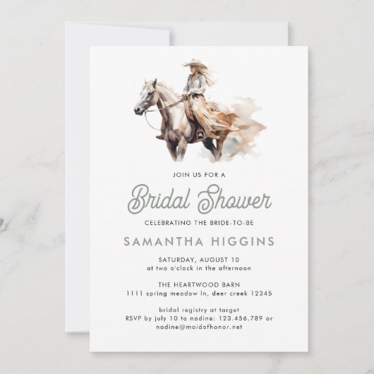 女性のカーボーイウェスタンモダンホースブライダルシャワー 招待状 (正面)