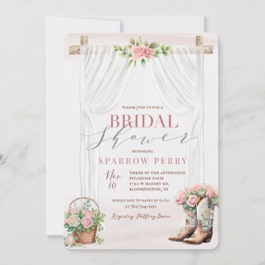 女性のカーボーイウェスタン素朴フローラブライダルシャワー 招待状 (正面)
