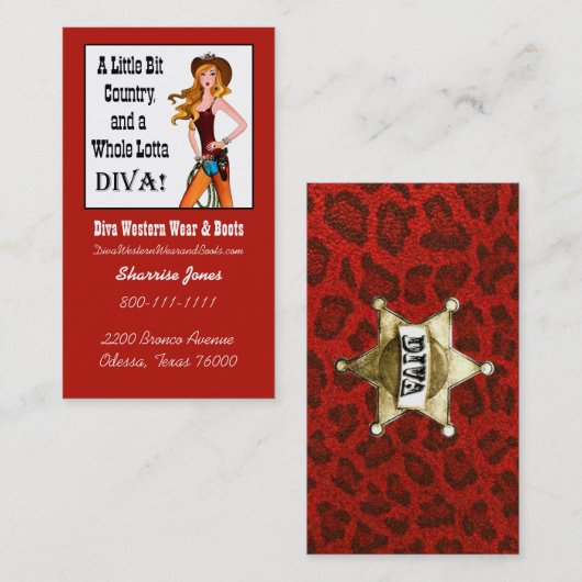 "女性のカーボーイウェスタン衣服とブーツ"ディヴァ 名刺 (正面/裏面)
