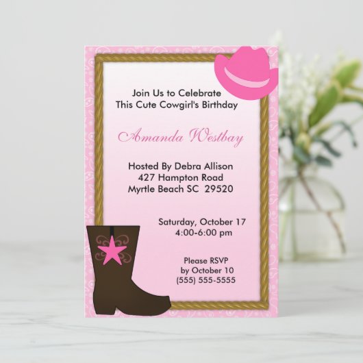 女性のカーボーイウェスタン誕生日招待状 招待状 (スタンド正面)