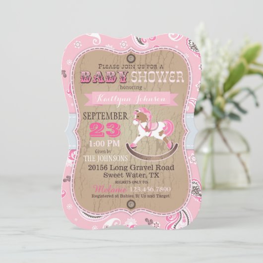 女性のカーボーイウェ素朴スタンロッキングホースベビーシャワー 招待状 (スタンド正面)