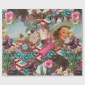 女性のカーボーイウエスタンコラージュターコイズブーツシックな女の子 ラッピングペーパー (フラット)