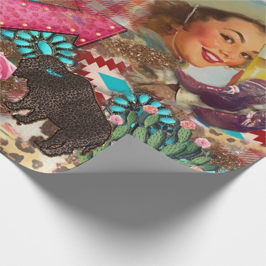 女性のカーボーイウエスタンコラージュターコイズブーツシックな女の子 ラッピングペーパー (角)