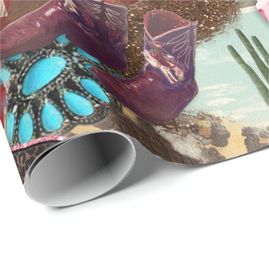 女性のカーボーイウエスタンコラージュターコイズブーツシックな女の子 ラッピングペーパー (ロールコーナー)