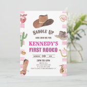 女性のカーボーイウエスタンファースト・ロデオ1歳の誕生日パーティー 招待状 (スタンド正面)