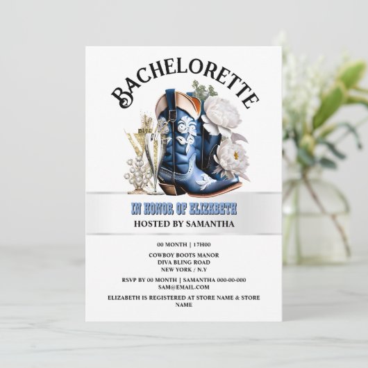女性のカーボーイウエスタンブーツ青茶色の牡丹シック 招待状 (スタンド正面)