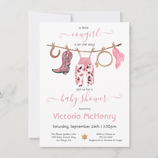 女性のカーボーイウエスタンベビーガールクロースレインベビーシャワー 招待状 (正面)