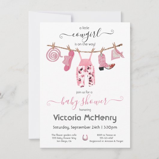 女性のカーボーイウエスタンベビーガールクロースレインベビーシャワー 招待状 (正面)