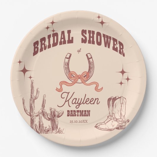 女性のカーボーイウエスタンレトロブライダルシャワーカスタマイズ ペーパープレート (正面)