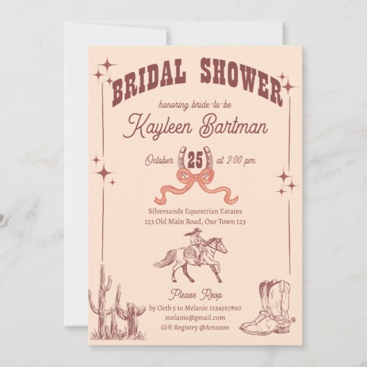 女性のカーボーイウエスタンレトロブライダルシャワー 招待状 (正面)