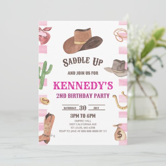 女性のカーボーイウエスタンロデオワイルドウエストバースデーパーティー 招待状 (スタンド正面)