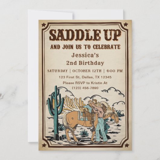 女性のカーボーイウエスタンロデオワイルドウエストバースデーパーティー 招待状 (正面)