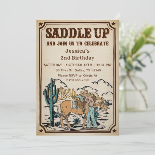 女性のカーボーイウエスタンロデオワイルドウエストバースデーパーティー 招待状 (スタンド正面)