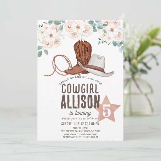 女性のカーボーイウエスタンワイルドウェストフローラ誕生日 招待状 (スタンド正面)