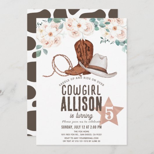 女性のカーボーイウエスタンワイルドウェストフローラ誕生日 招待状 (正面/裏面)