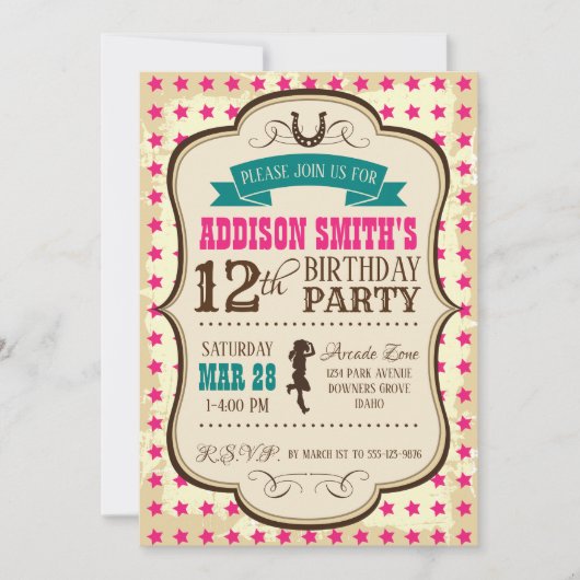 女性のカーボーイウエスタン誕生日招待状 招待状 (正面)