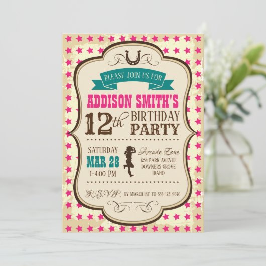 女性のカーボーイウエスタン誕生日招待状 招待状 (スタンド正面)