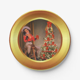 女性のカーボーイオンサドルとクリスマスツリープレート ペーパープレート