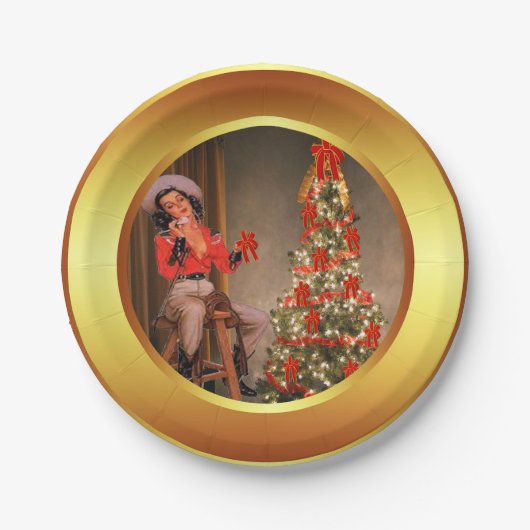 女性のカーボーイオンサドルとクリスマスツリープレート ペーパープレート (正面)
