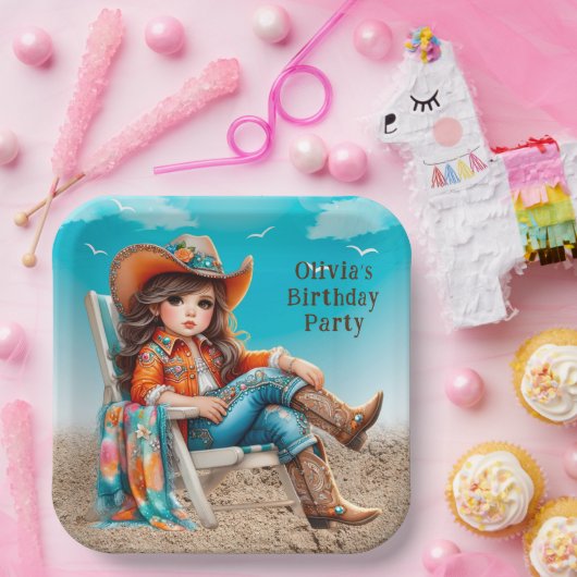 女性のカーボーイオンビーチガールバースデーパーティー ペーパープレート (パーティー)