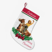 女性のカーボーイオン馬とリースメリークリスマス スモールクリスマスストッキング (正面 (吊り時))