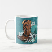 女性のカーボーイカウボーイブーツハットターコイズ革名 コーヒーマグカップ (左)