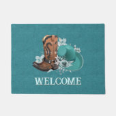 女性のカーボーイカウボーイブーツハットターコイズ革名 ドアマット (正面)