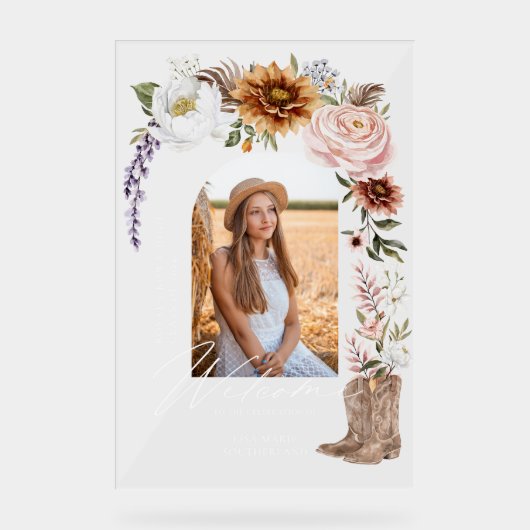 女性のカーボーイカントリーウェスタン写真卒業へようこそ アクリルサイン (正面)