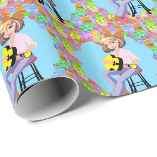 女性のカーボーイカントリー西シンガーとイエローギター ラッピングペーパー (ロールコーナー)