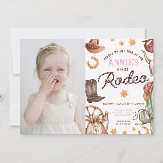 女性のカーボーイガール初のRodeoフォト誕生日写真 招待状 (正面)