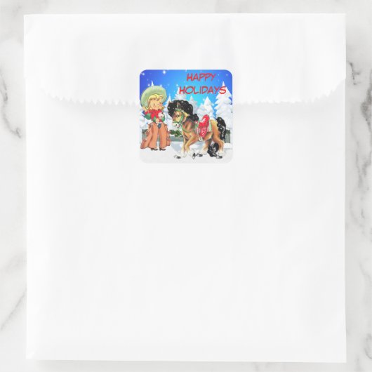 女性のカーボーイキッドと馬のカスタム休日のステッカー スクエアシール (バッグ)