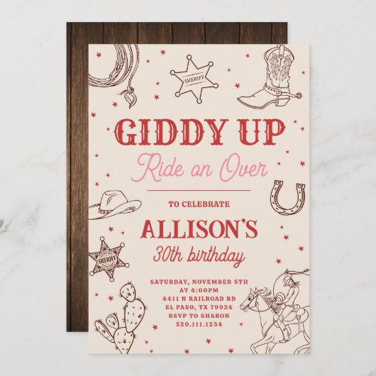 女性のカーボーイギディアップバースデーパーティーへの招待 招待状 (正面/裏面)