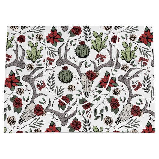 女性のカーボーイクリスマスフローラトナカイスカル ラージペーパーバッグ (正面)