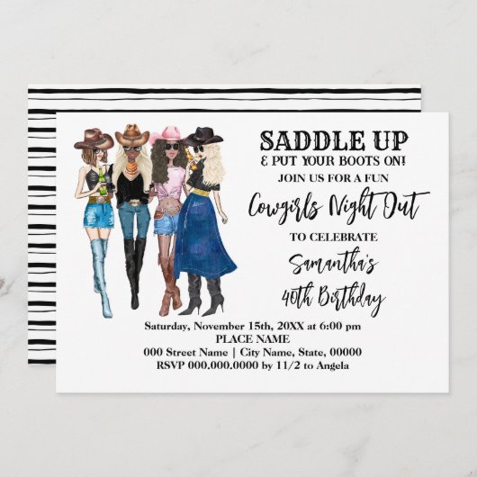 女性のカーボーイサドルアップウェスタン誕生日 招待状 (正面/裏面)