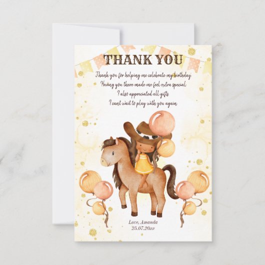 女性のカーボーイサドルアップ誕生日サンキューカード サンキューカード (正面)