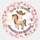 女性のカーボーイサドルアップ誕生日パーソナライズされた感謝していユー ラウンドシール (正面)