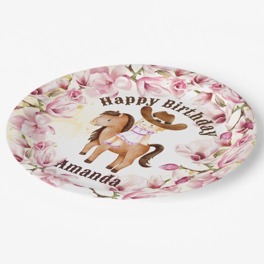 女性のカーボーイサドルアップ誕生日パーソナライズされた ペーパープレート (アングル)