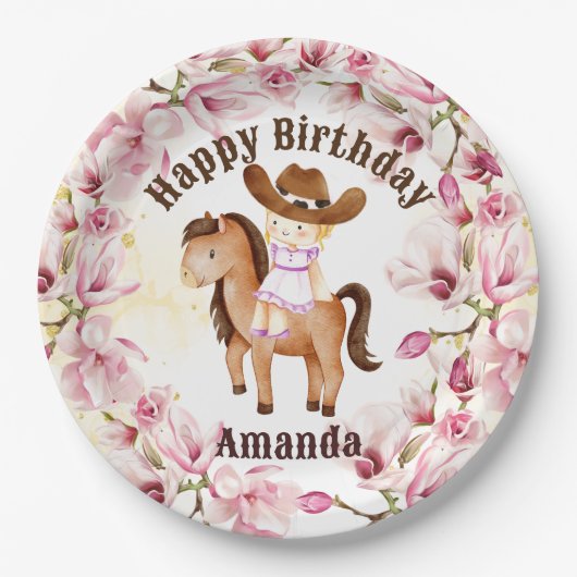 女性のカーボーイサドルアップ誕生日パーソナライズされた ペーパープレート (正面)