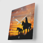 女性のカーボーイサンセットトレーライドウォールクロック スクエア壁時計 (傾斜)
