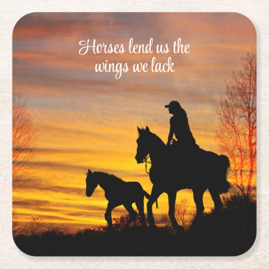 女性のカーボーイサンセット乗馬紙コースター スクエアペーパーコースター (正面)