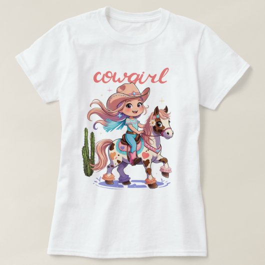 女性のカーボーイジョライド – スポッテッドホースウェスタンアドベンチャー Tシャツ (デザイン正面)