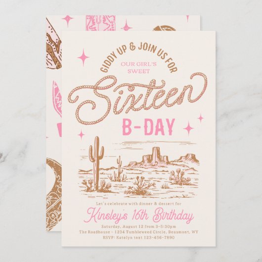 女性のカーボーイスウィート16誕生日招待状 招待状 (正面/裏面)